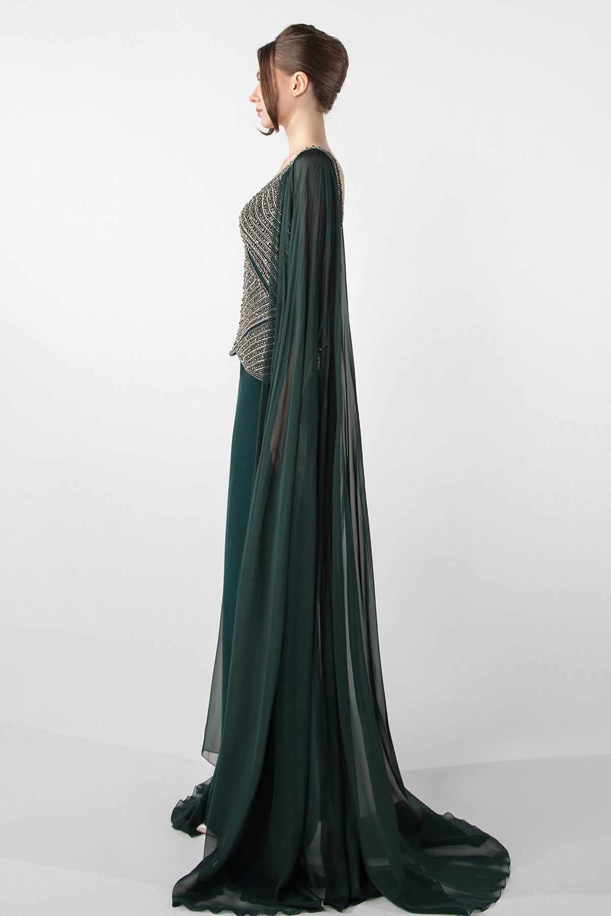 Beaded Bodice Cape Gown