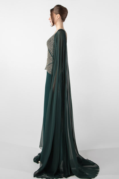 Beaded Bodice Cape Gown