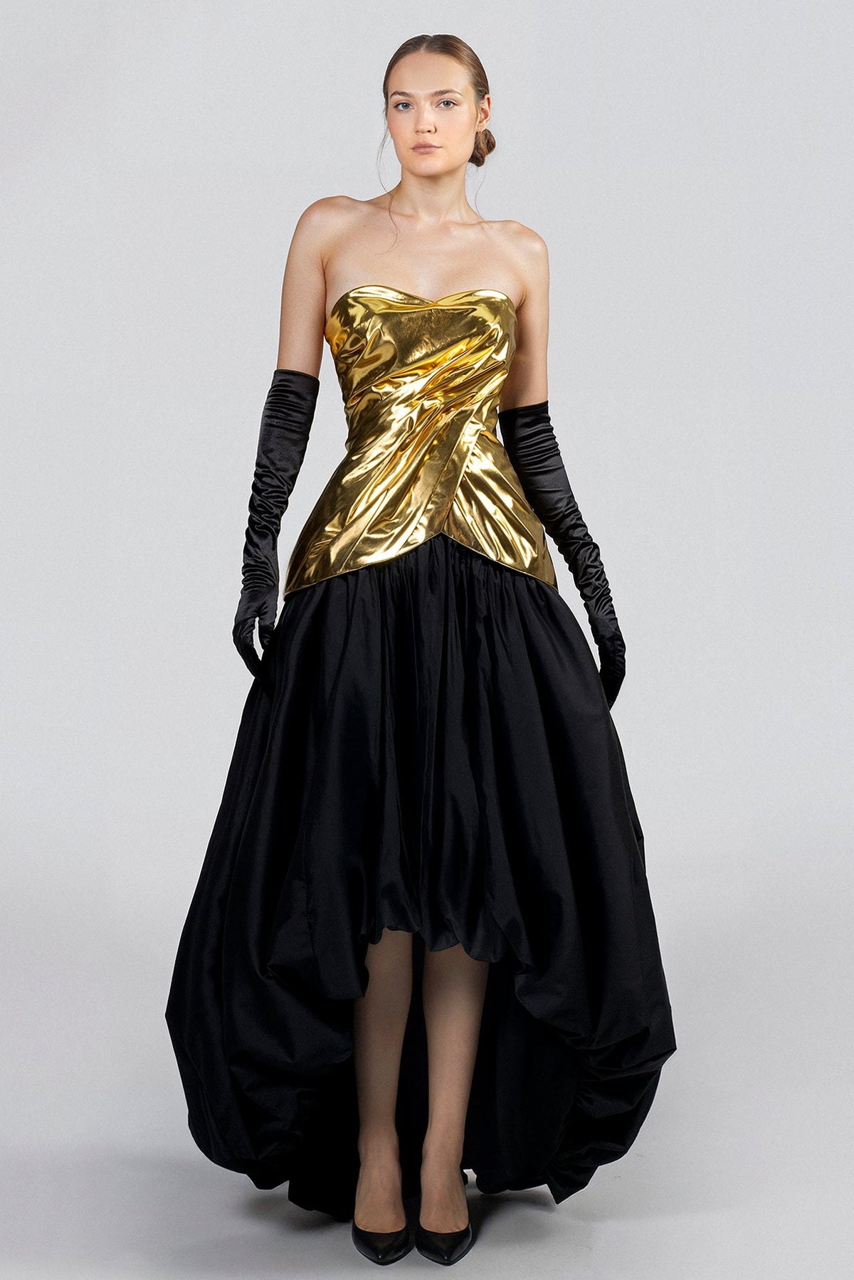 Strapless Metallic High-Low Dress
