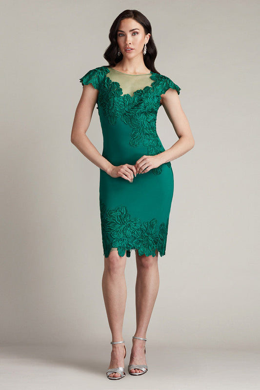 Textured Crepe Bloom Embroidered Tulle Dress