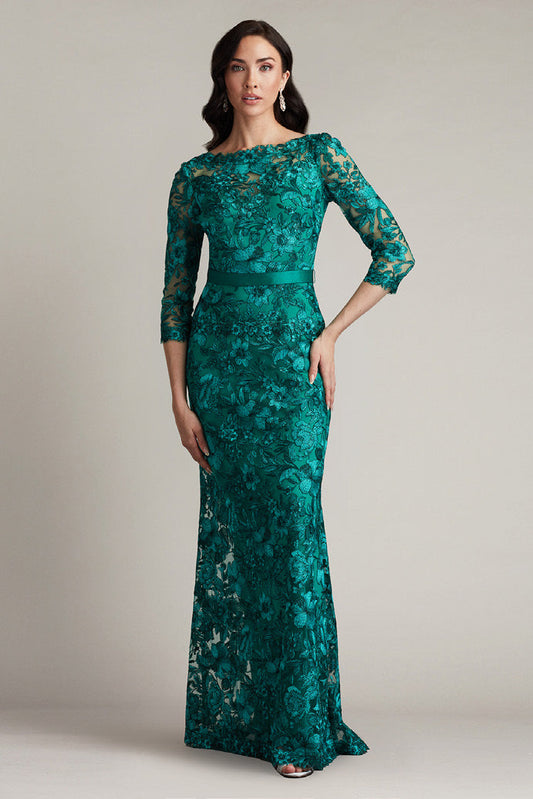 ? Sleeve Floral Embroidered Tulle Gown