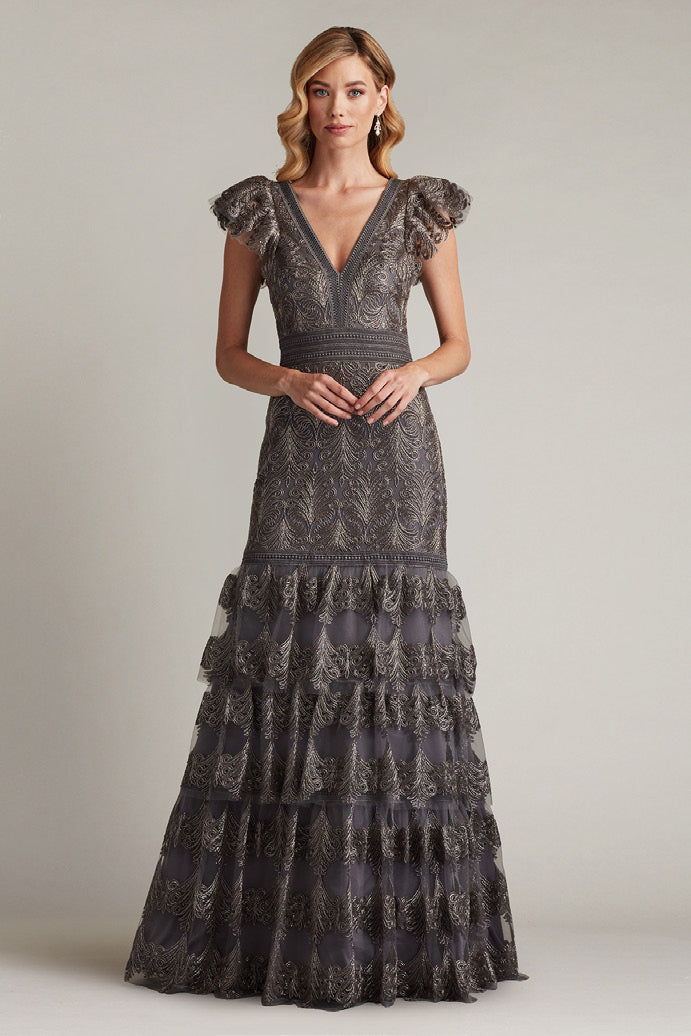 Metallic Corded Embroidered Tulle Sleeveless Gown