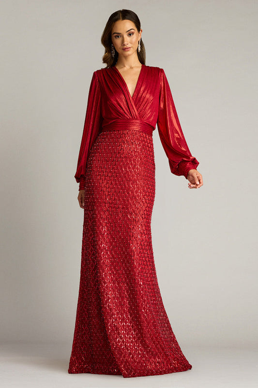 Metallic Jersey Embroidered Tulle Gown