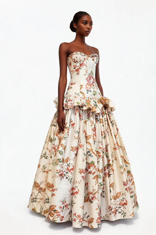 Flower Printed Silk Shantung Ball Gown