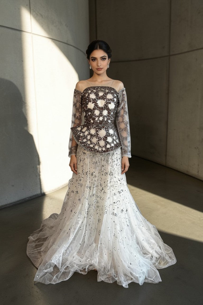 Beaded Long Sleeve Gown