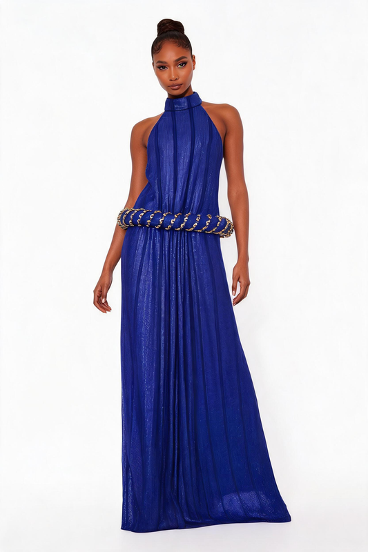 Navy Halter Neck Chiffon Dress