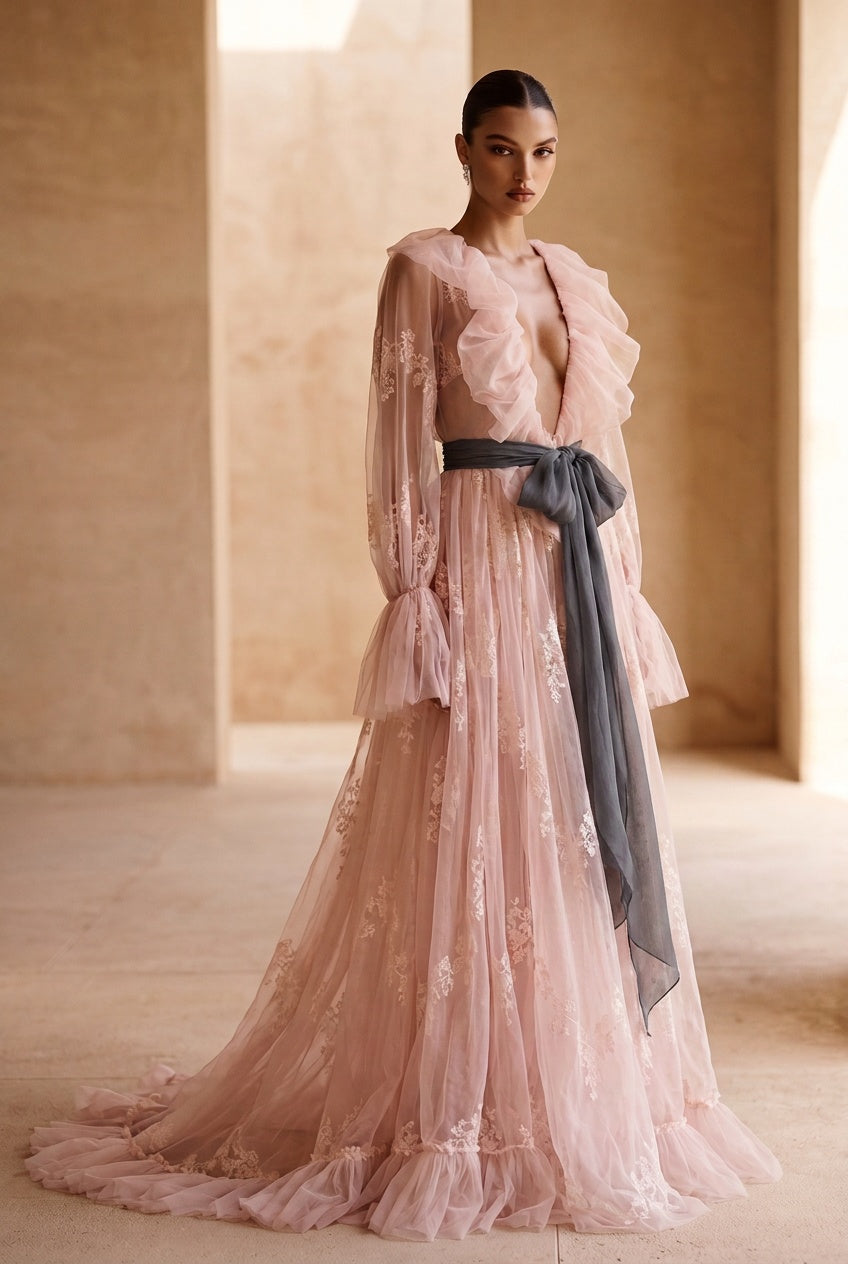Sheer Long Sleeve Ruffled Gown