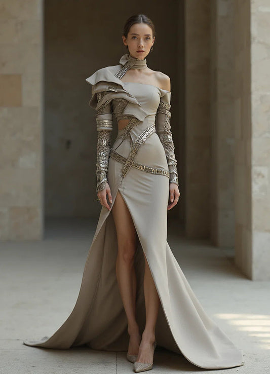 One-Shoulder Long Sleeve Slit Gown