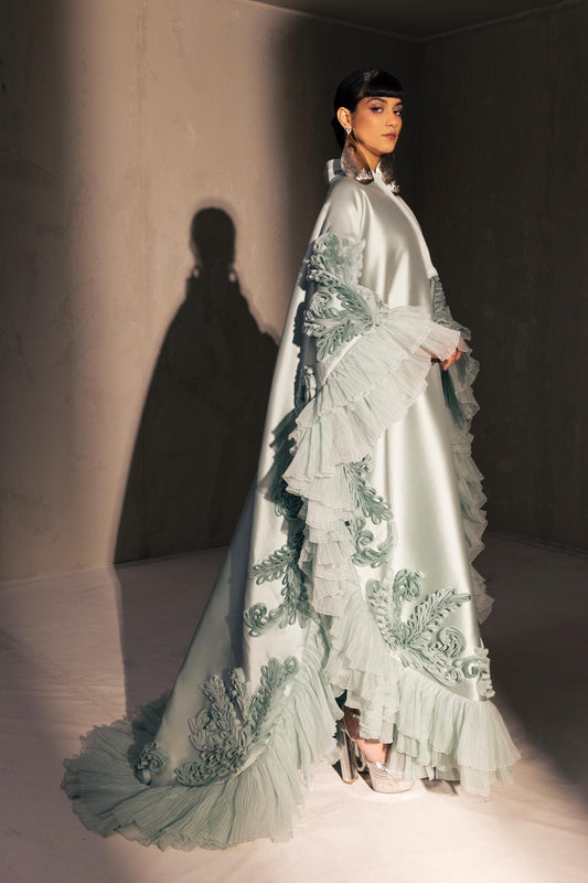 Voluminous Ruffled Cape Gown