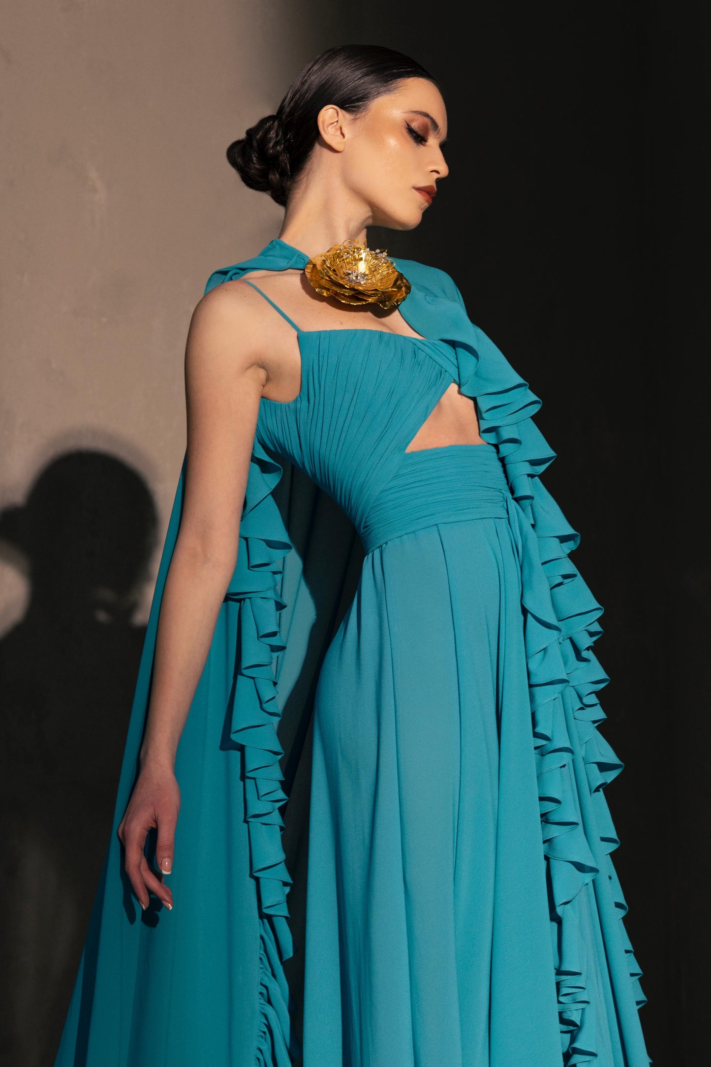 Ruffled Cape Sleeve Gown