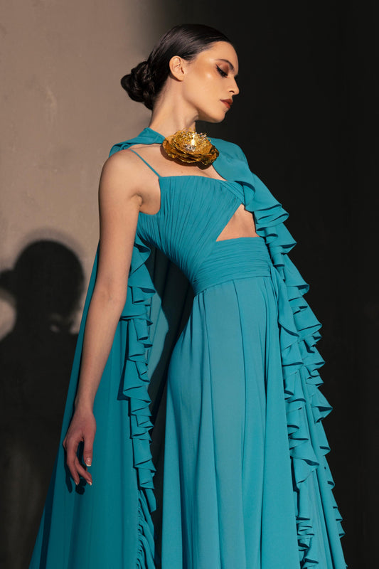 Ruffled Cape Sleeve Gown
