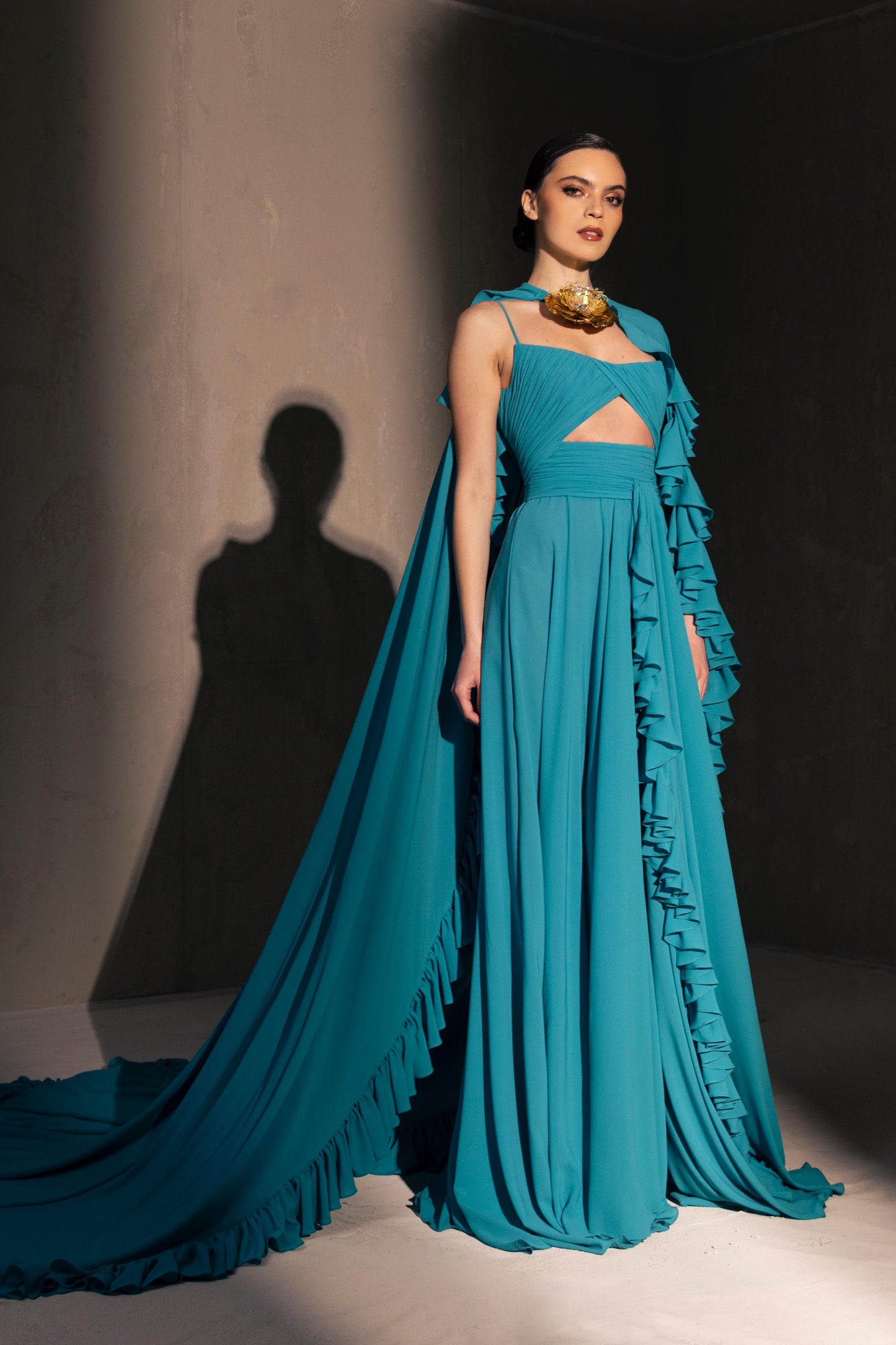 Ruffled Cape Sleeve Gown