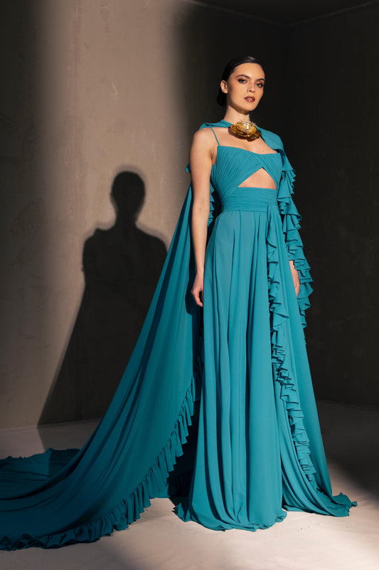 Ruffled Cape Sleeve Gown