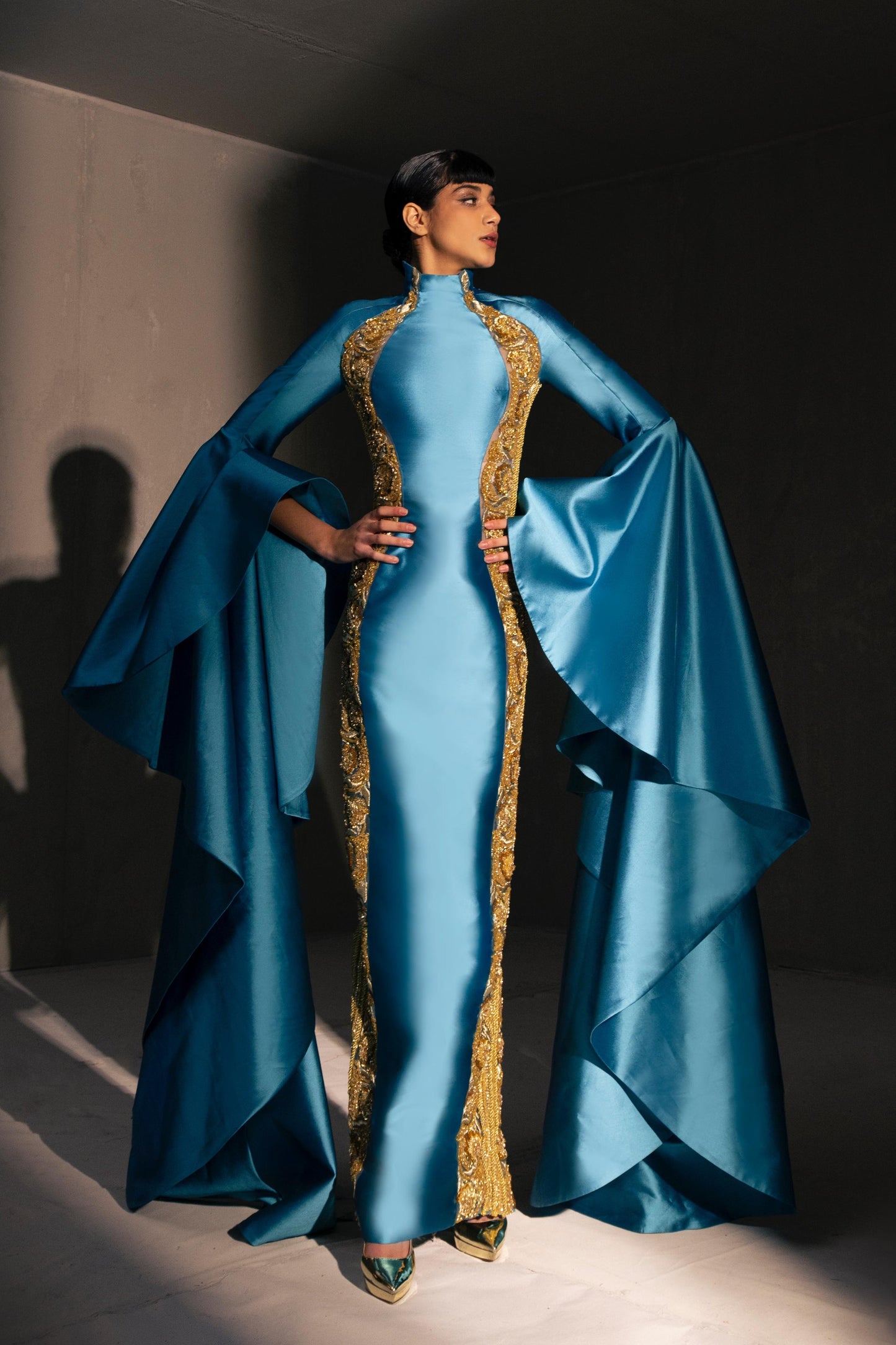 Bell Sleeve Satin Gown