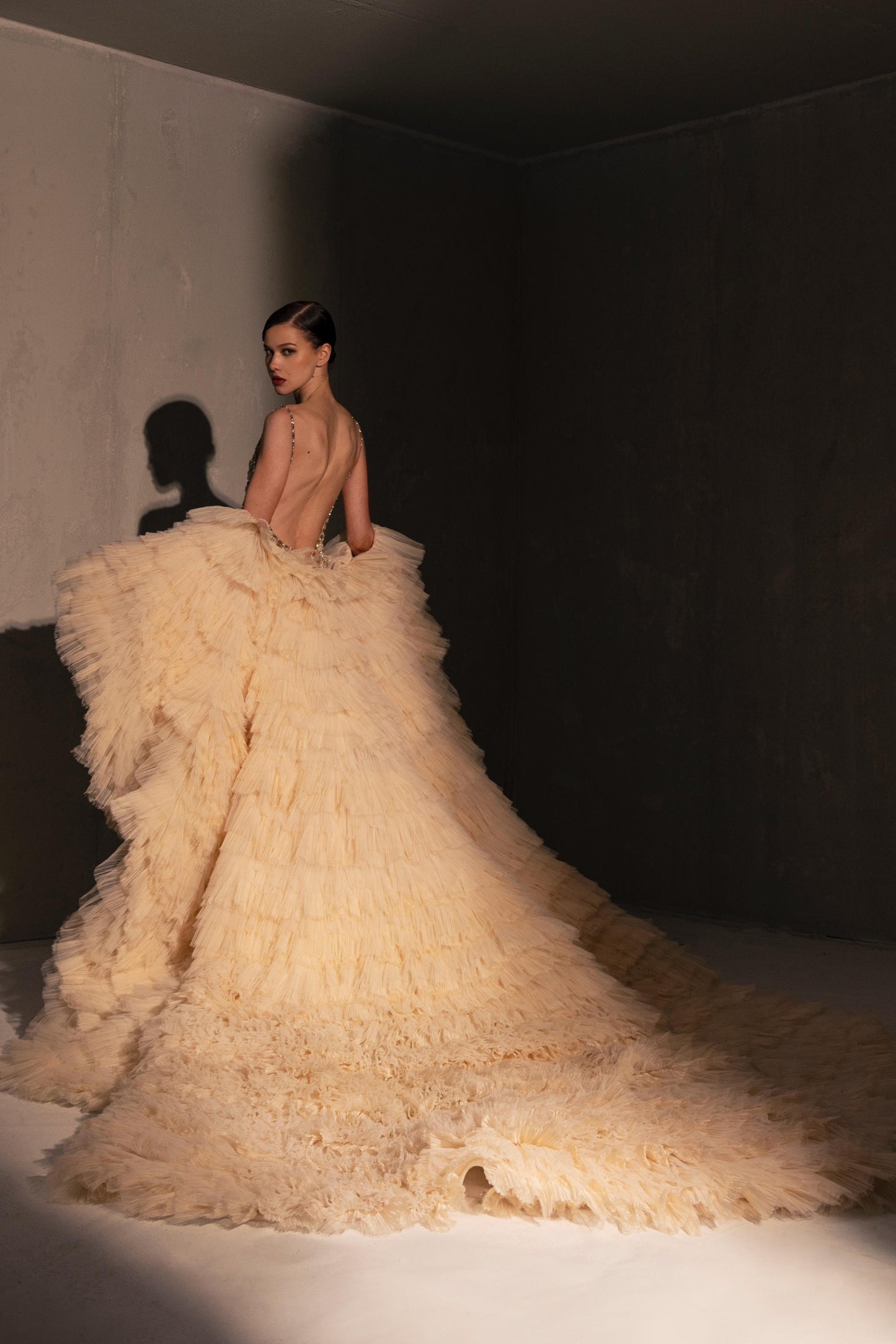 Embellished Gown with Tulle Cape