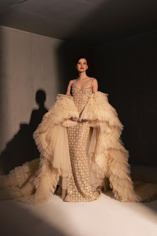 Embellished Gown with Tulle Cape