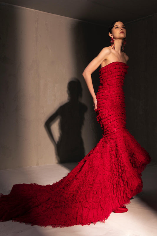 Strapless Ruffled Mermaid Gown