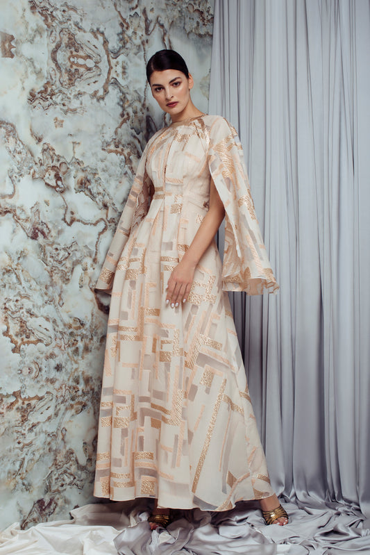 Nina Cape Sleeve Jacquard Gown
