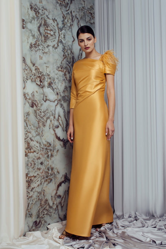 Rianna Draped Gown with Feathers