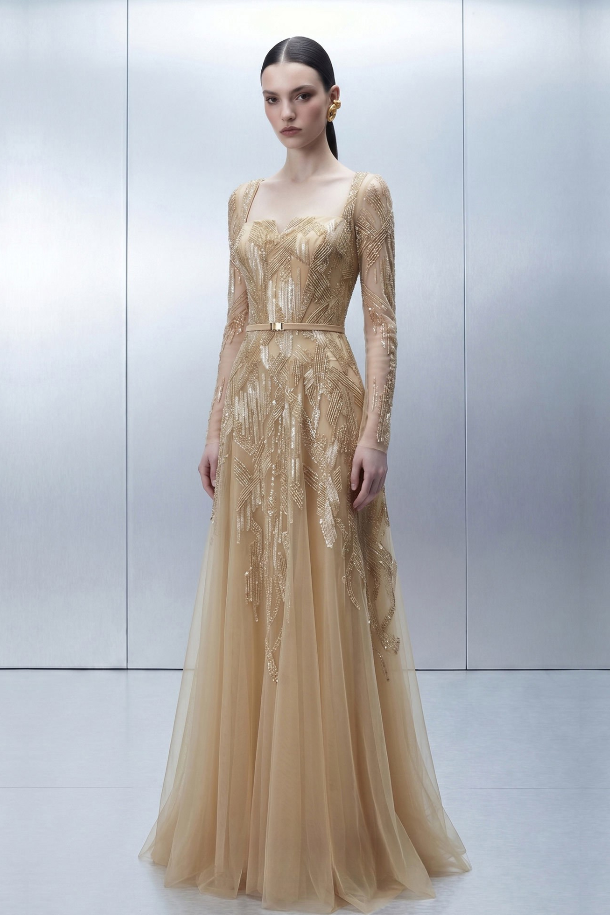 Long Sleeve Embellished A-Line Gown