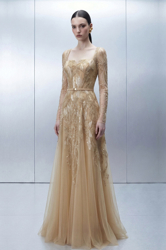 Long Sleeve Embellished A-Line Gown