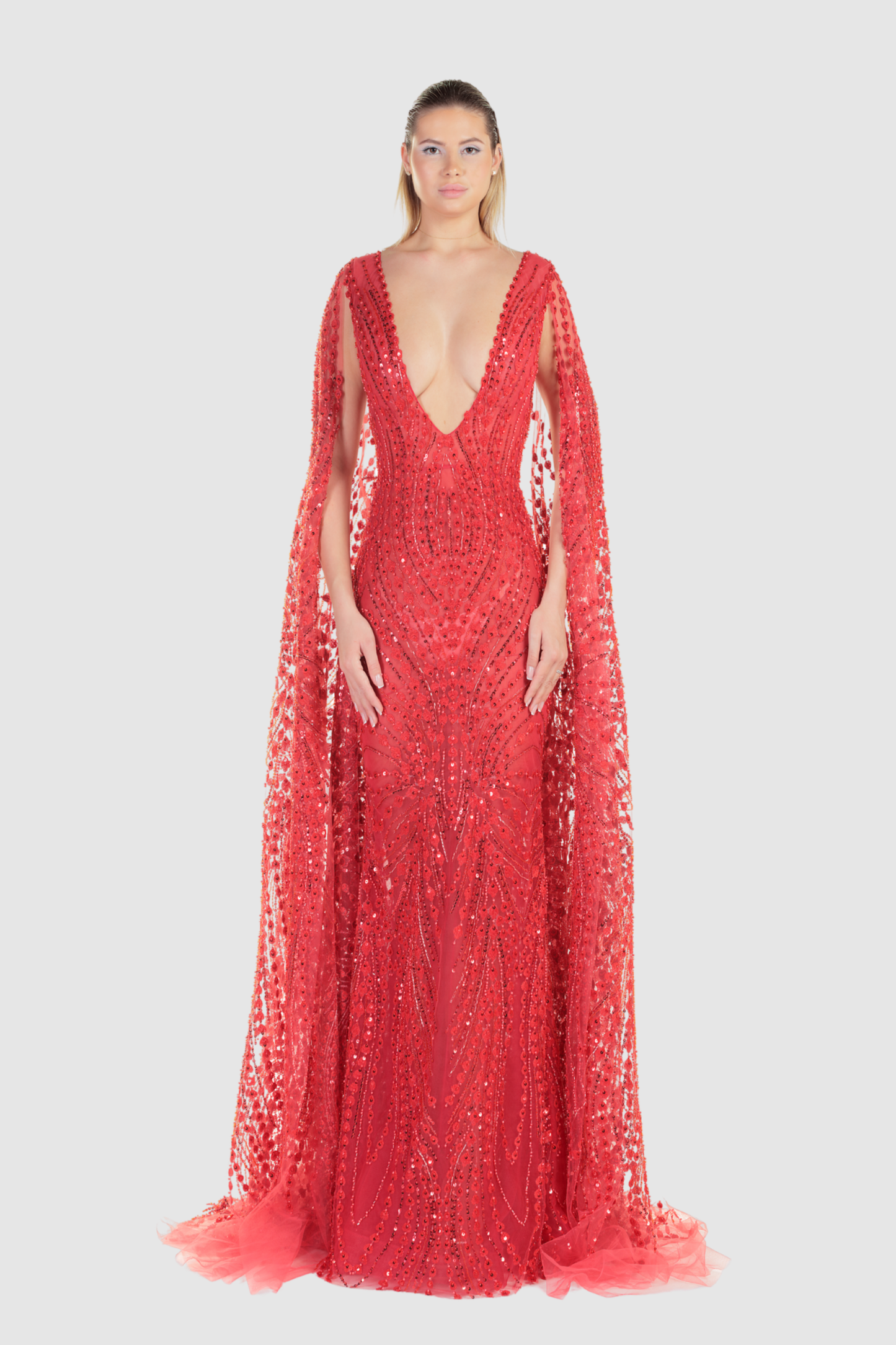 Red Embellished Cape Sleeve Gown