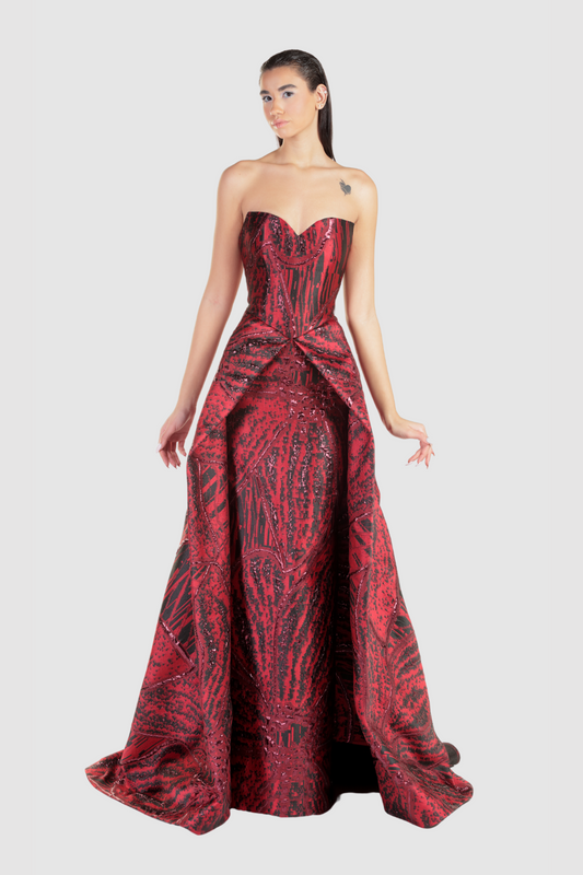 Red Strapless Overskirt Gown