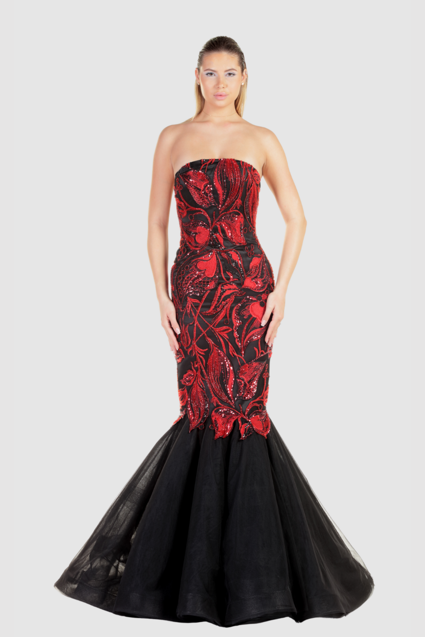 Embroidered Satin and Tulle Mermaid Gown