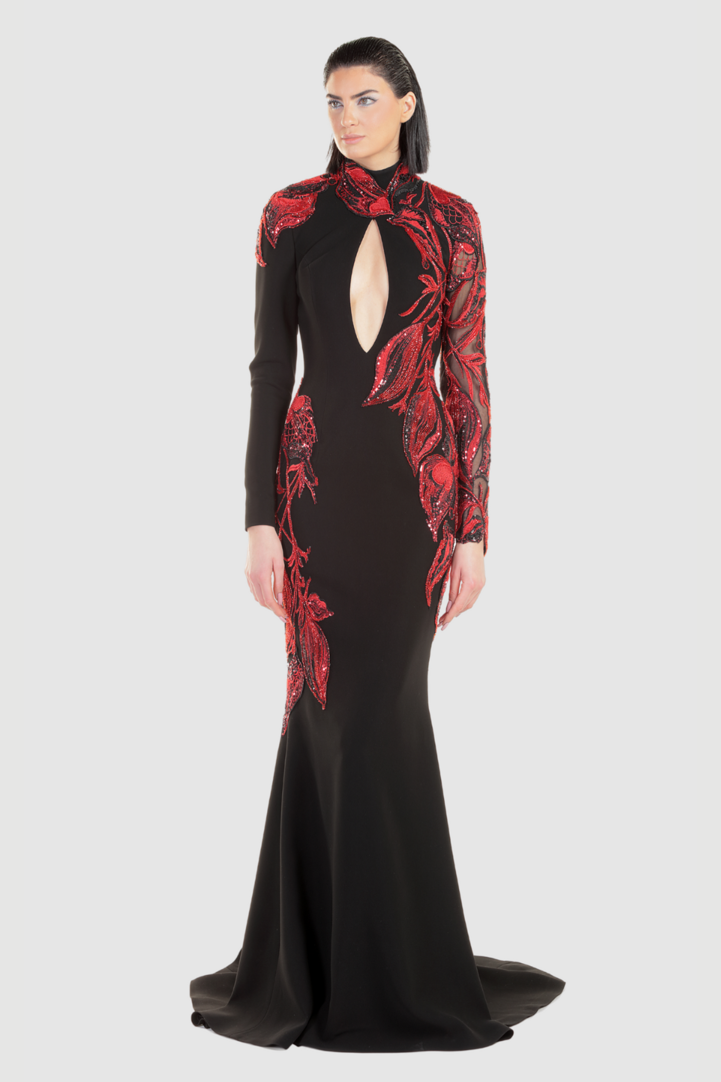 Black and Red Embroidered Lace Gown