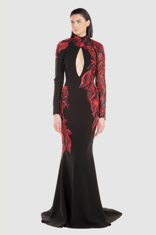 Black and Red Embroidered Lace Gown