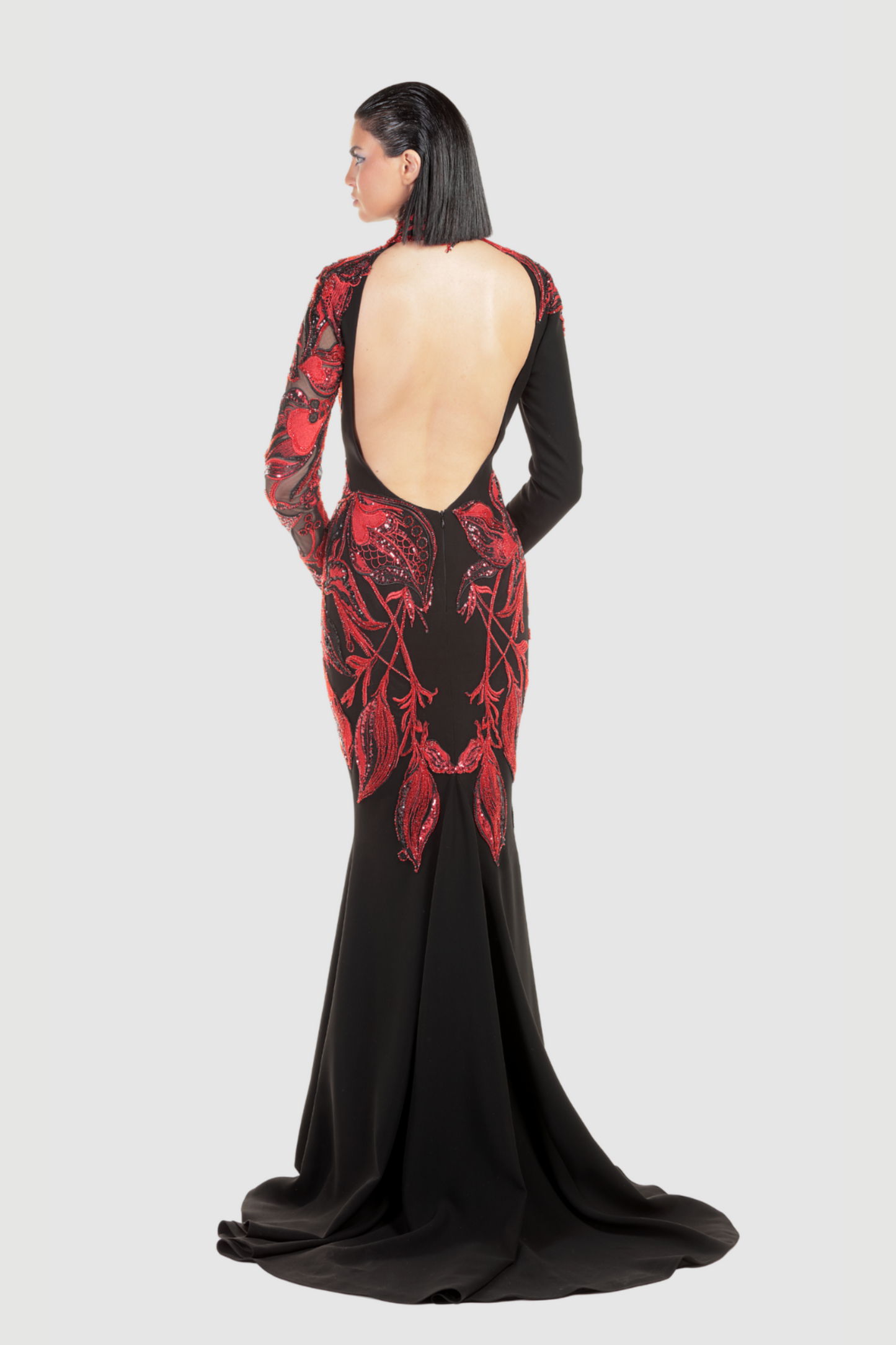 Black and Red Embroidered Lace Gown