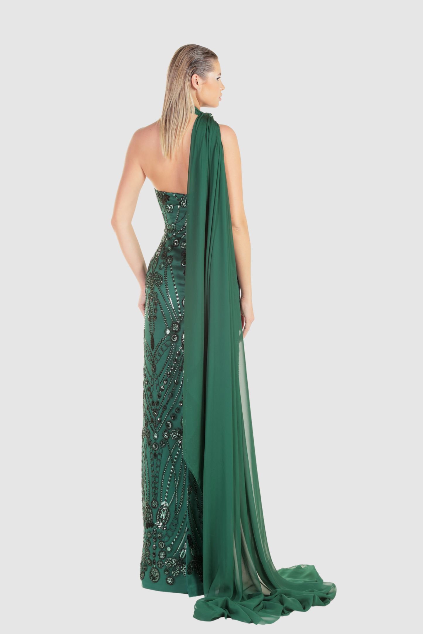 Green Beaded Column Gown with Scarf