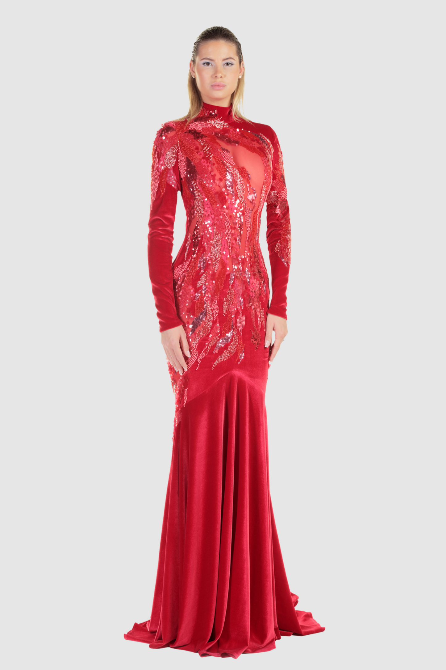 Red Velvet Long Sleeve Gown