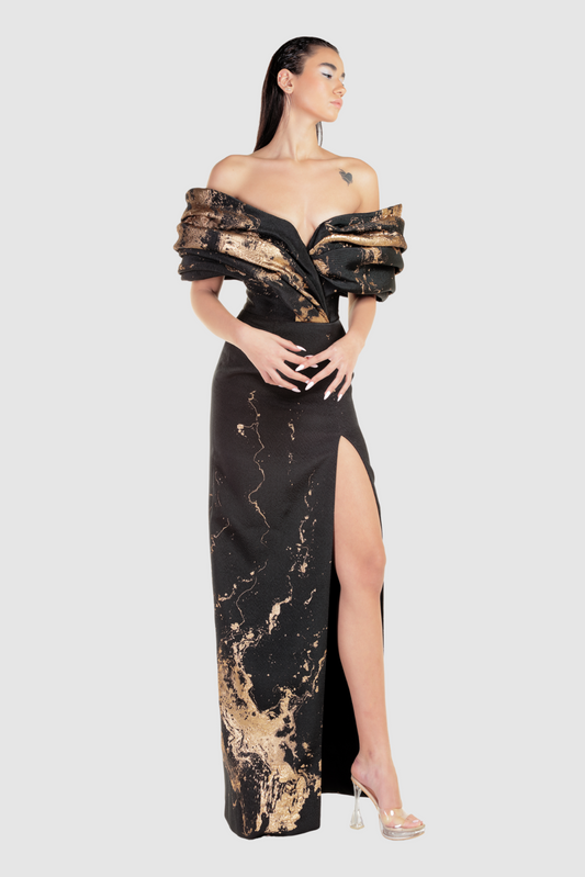 Off-Shoulder Marble Column Gown
