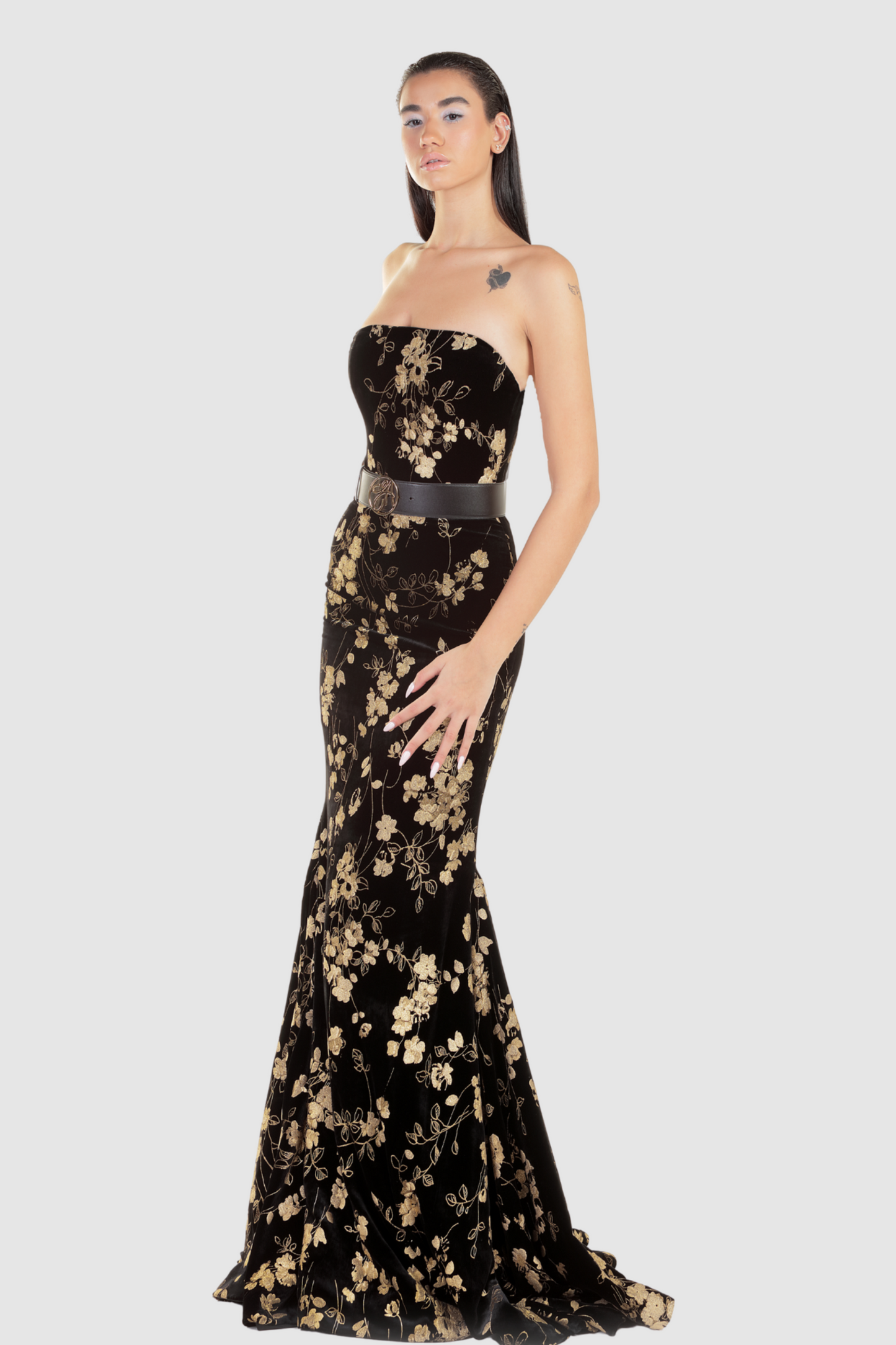 Black Velvet Floral Mermaid Gown