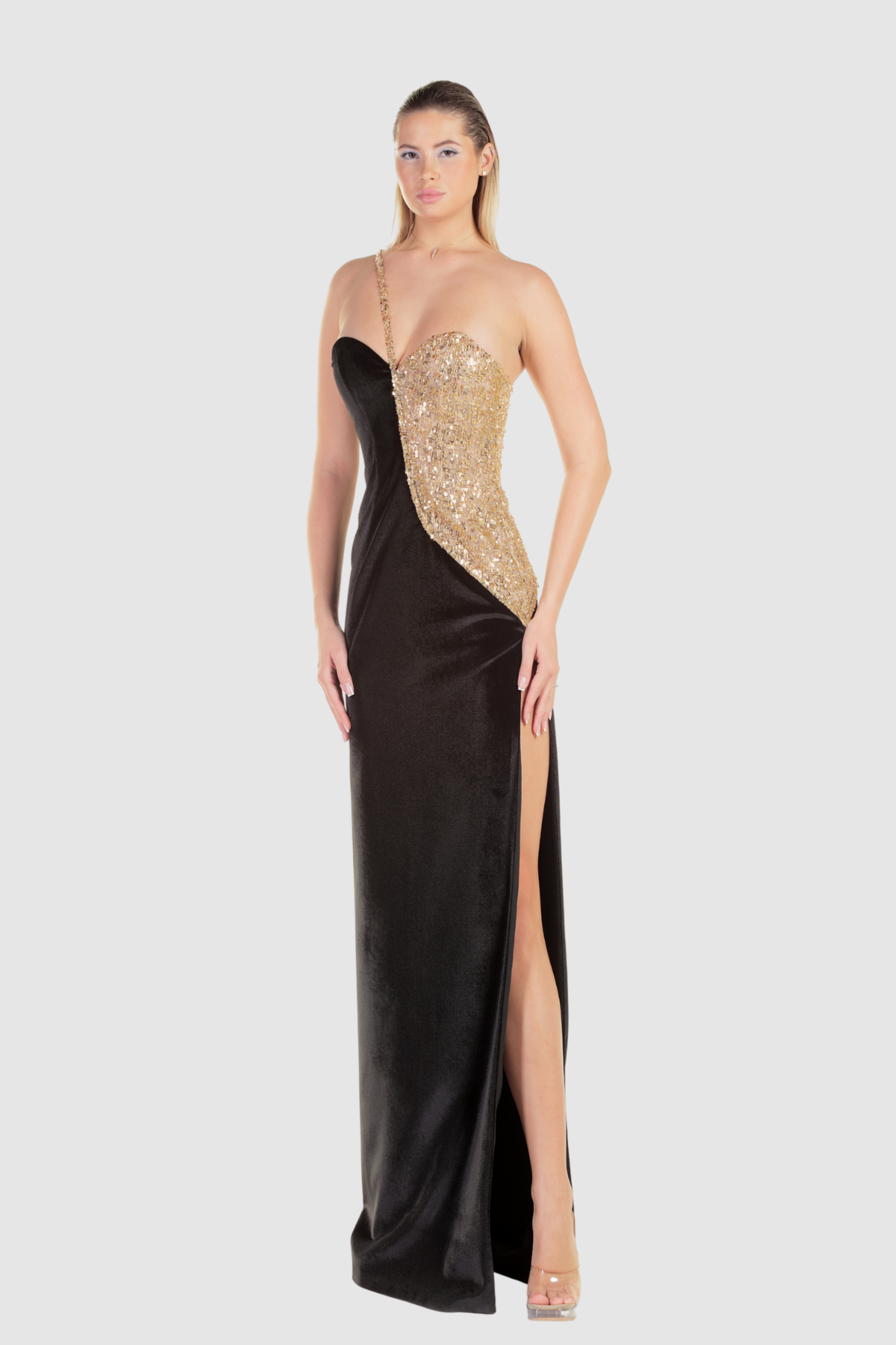 Black and Gold Sequin Gown
