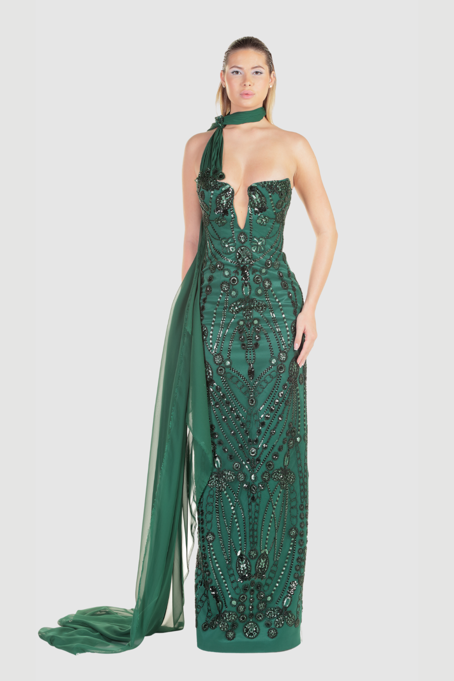Green Beaded Column Gown with Scarf