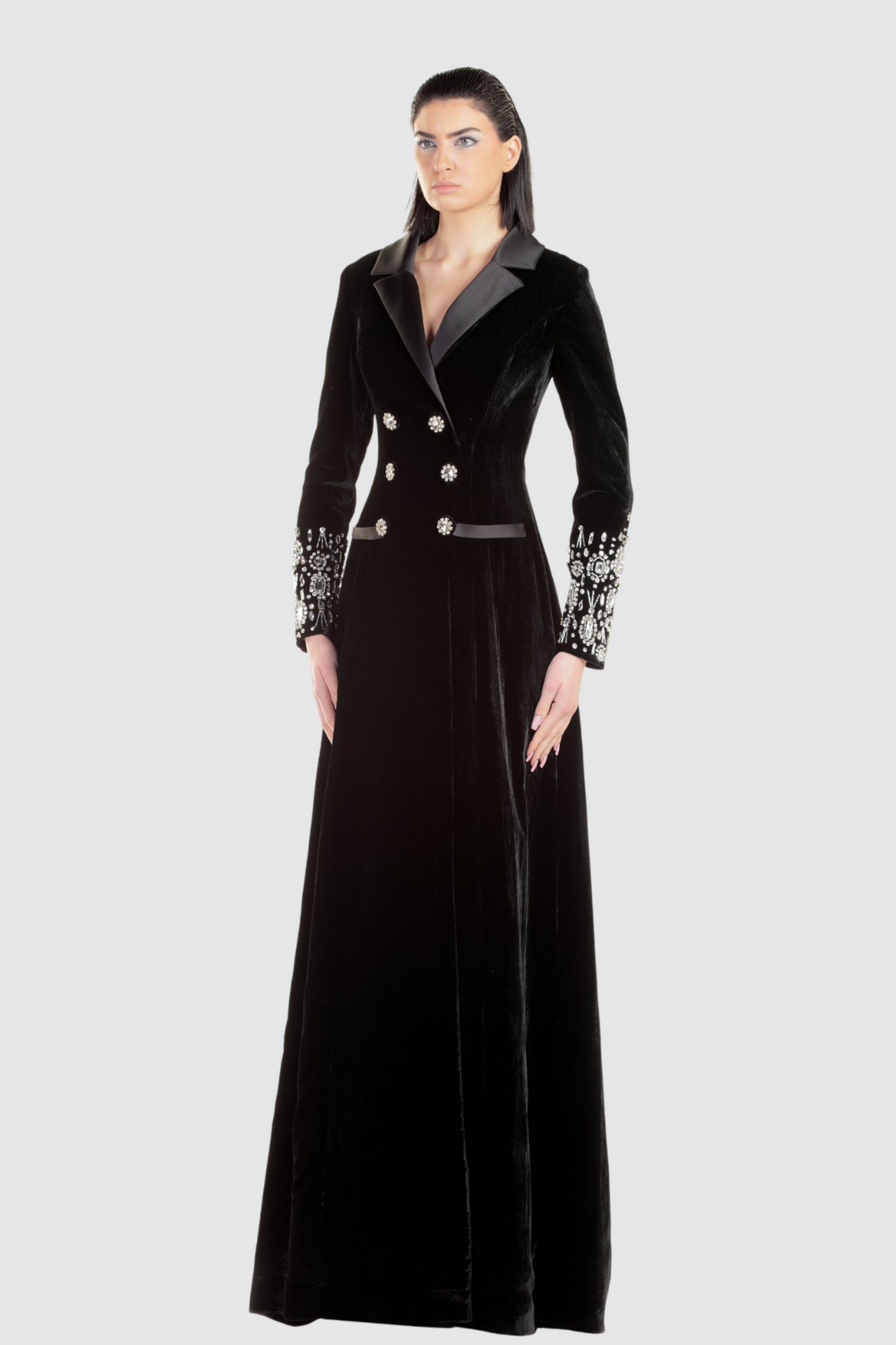 Black Embellished Coat Gown