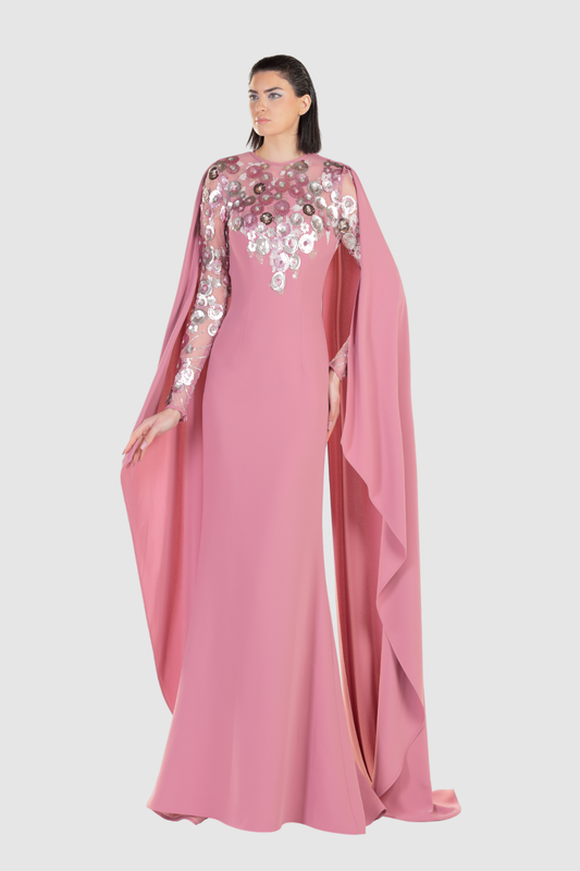 Pink Embellished Cape Sleeve Gown