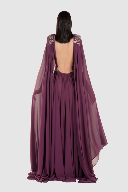 Purple Crepe Cape Sleeve Gown