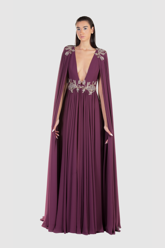 Purple Crepe Cape Sleeve Gown