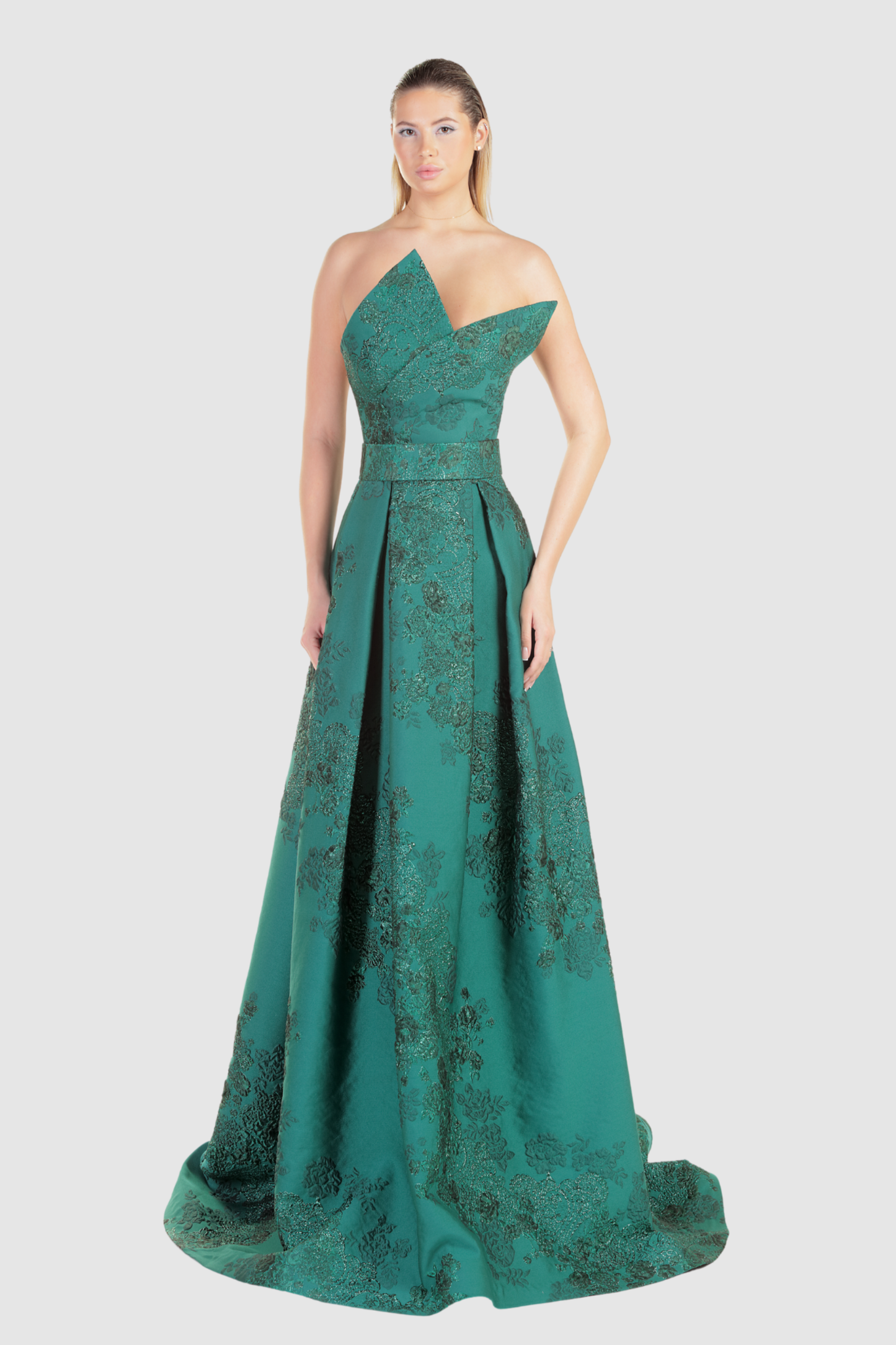 Green Strapless Floral Embroidered Gown