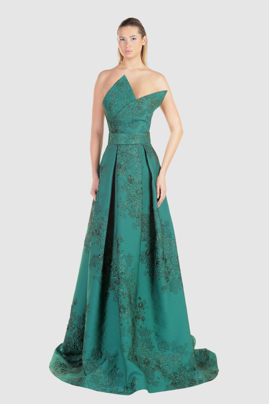 Green Strapless Floral Embroidered Gown