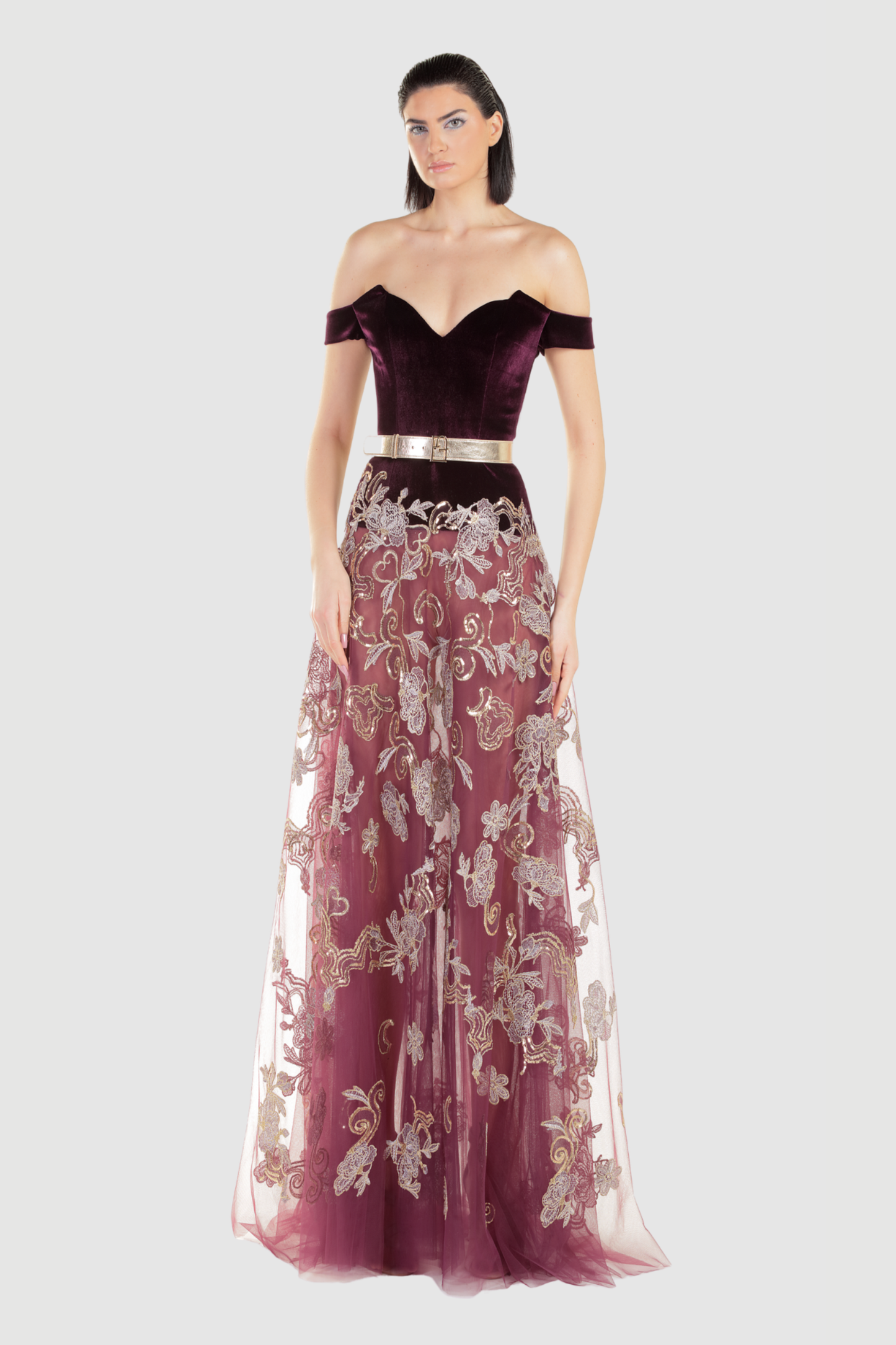 Off-Shoulder Velvet and Lace Gown