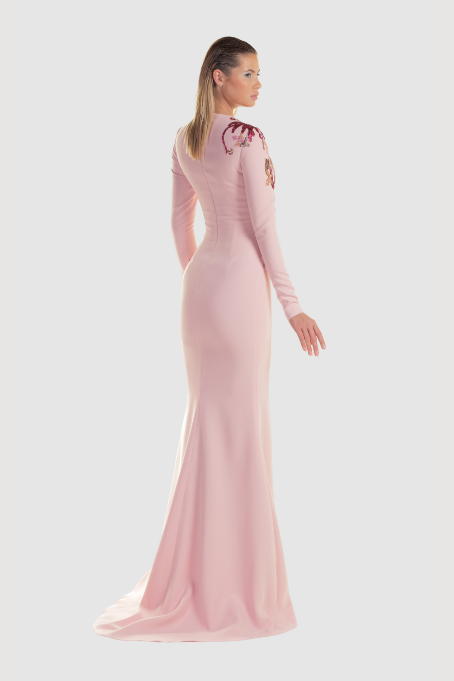 Pink Crepe Floral Lace Gown