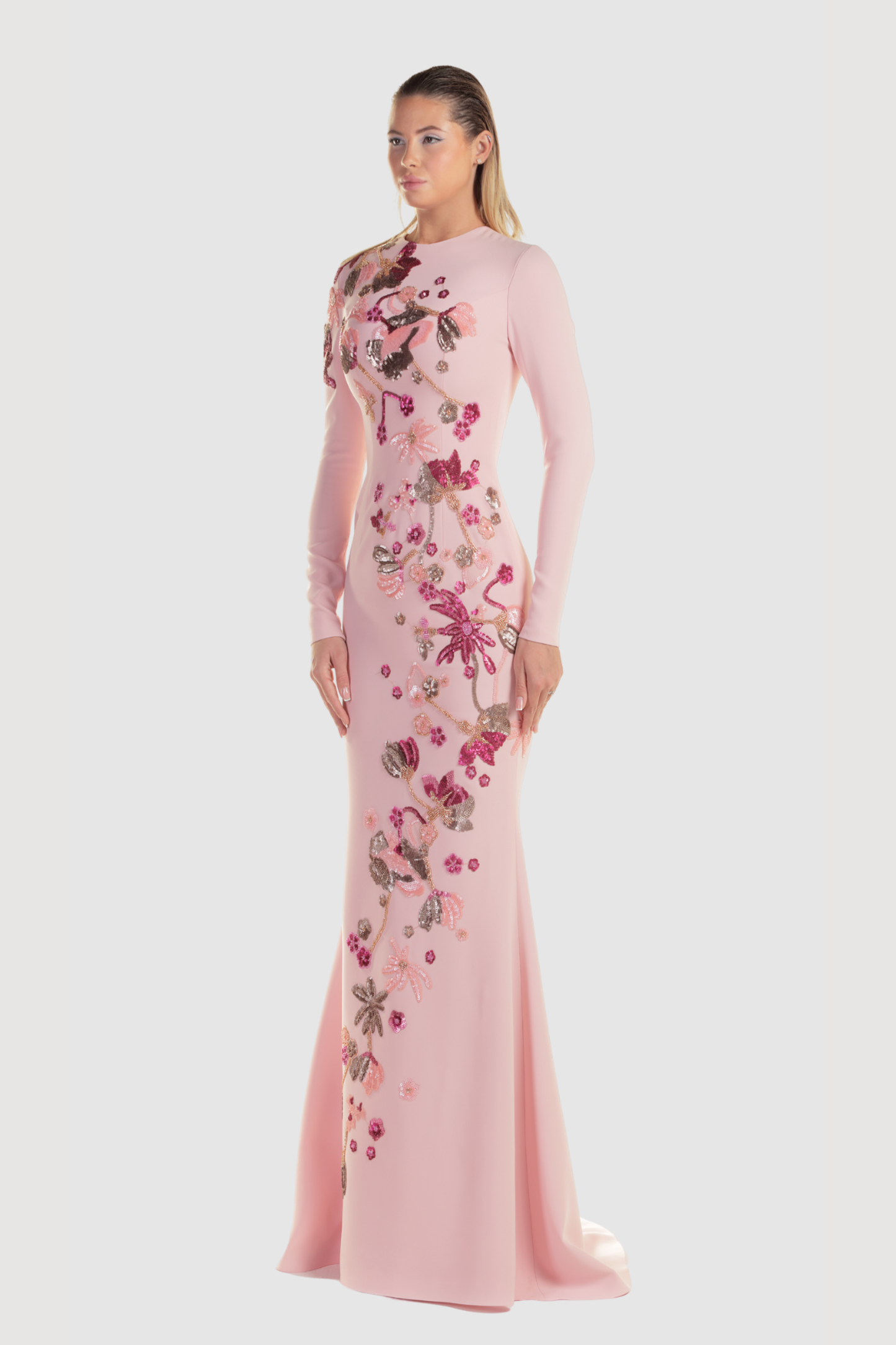Pink Crepe Floral Lace Gown