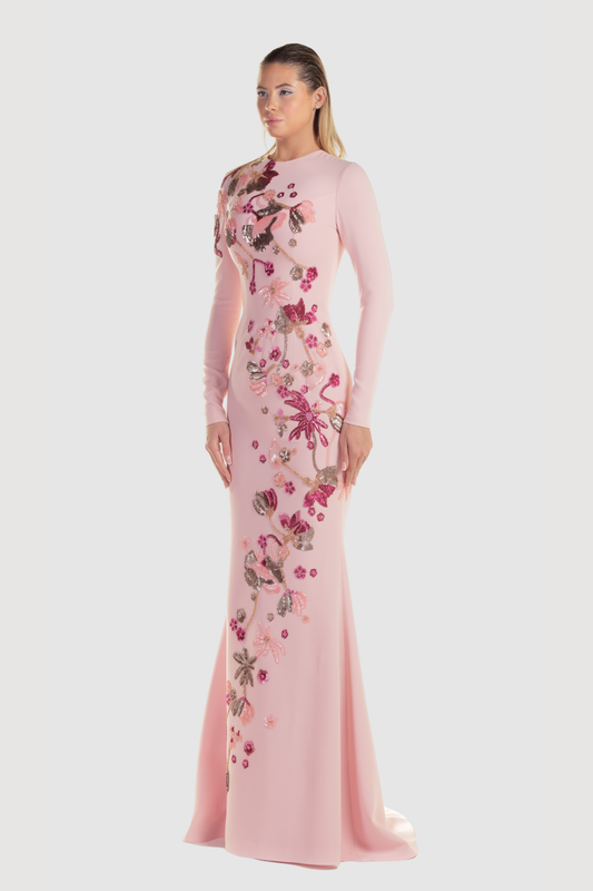 Pink Crepe Floral Lace Gown
