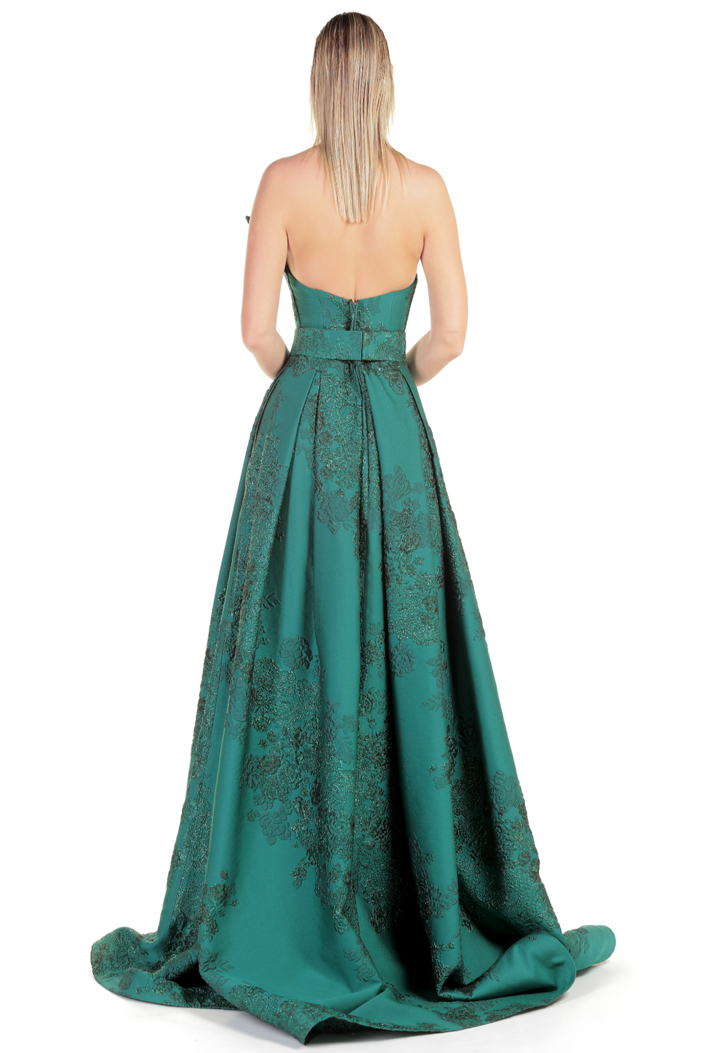 Green Strapless Floral Embroidered Gown