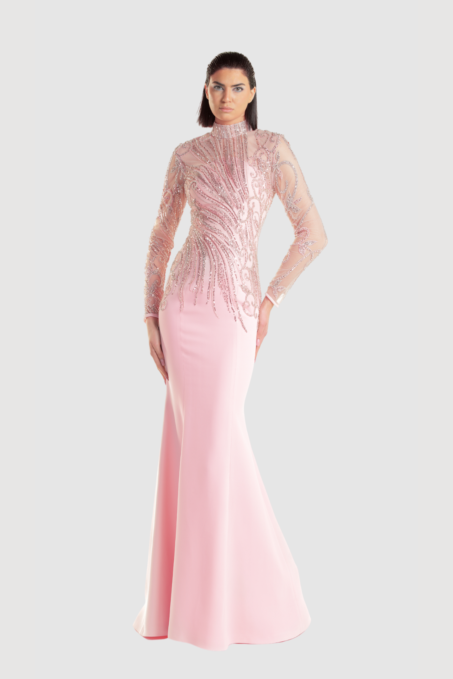 Pink Crepe Beaded Mermaid Gown