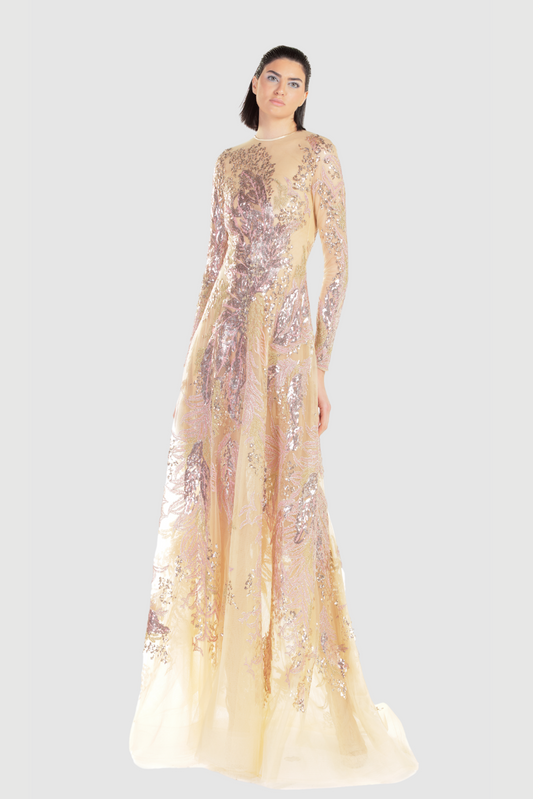 Gold Long Sleeve Embroidered Gown